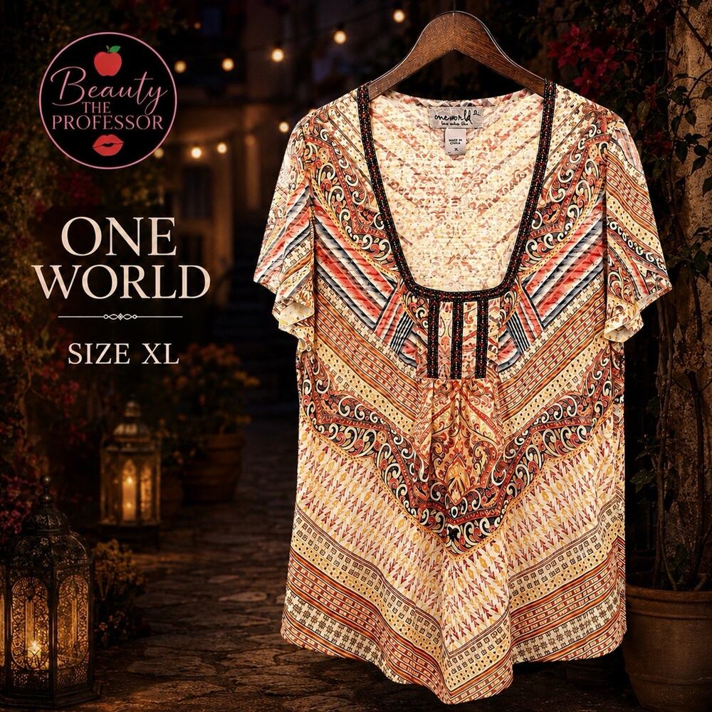 💋 One World Women's XL Boho Paisley Tunic Top Yellow Short Sleeve Blouse
